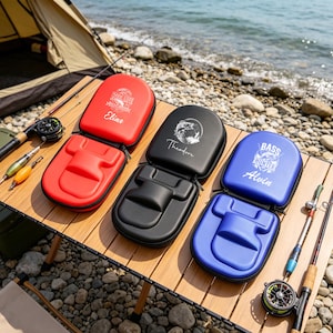 May include: Three semi-rigid, zipped cases in red, black, and blue, each featuring a moulded interior and a personalised graphic. The red case displays the name Elias, the black case shows Theodore, and the blue case features the text Bass Hunter and Alvin.