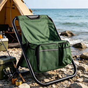 May include: A portable folding chair with a black metal frame and dark green fabric seat. The chair features an integrated storage compartment with a zippered front pocket, a side pouch, and a reflective strip across the front of the pocket.
