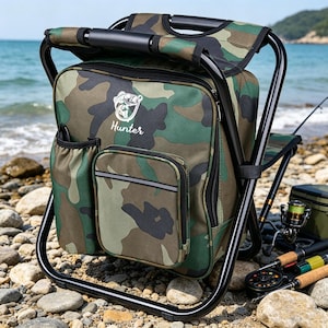 May include: A camouflage print backpack chair with a black metal frame. The bag features a white fish graphic and the word Hunter printed on the front. It includes a zippered main compartment, a front pocket, and a side pocket for storage.