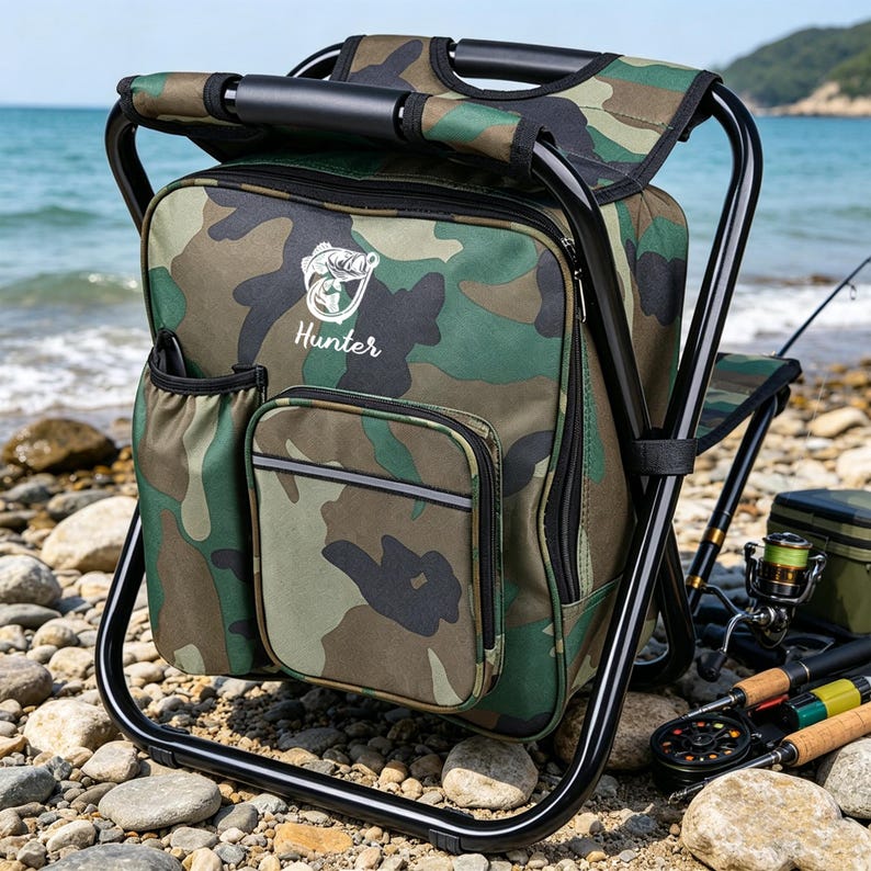 May include: A camouflage print backpack chair with a black metal frame. The bag features a white fish graphic and the word Hunter printed on the front. It includes a zippered main compartment, a front pocket, and a side pocket for storage.