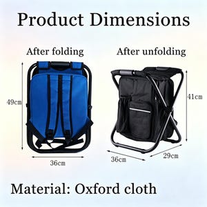 May include: A foldable chair with an integrated backpack made of Oxford cloth. The folded blue version measures 49cm by 36cm. The unfolded black version features a storage compartment and measures 41cm in height, 36cm in width, and 29cm in depth.