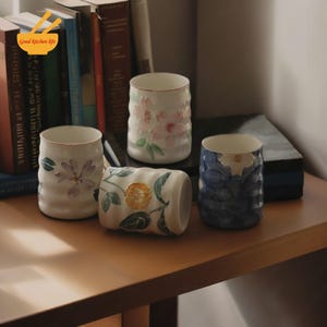 Handmade Blue Handleless Ceramic Mug,Japanese Ceramic Tea Cup,Hand-Drawn Floral Pattern Ceramic Mug,Blue Floral Design,Ceramic Cup,Best Gift