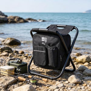 May include: A black folding stool with an integrated storage bag featuring a white graphic of a fishing rod and an American flag, with the name Rhys printed below. The bag includes a front zippered pocket and a side sleeve for accessories.