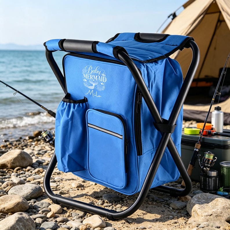 May include: A bright blue folding chair with an integrated backpack cooler, featuring a black metal frame and a side pocket. The fabric is printed with the white text Baby MERMAID and the name Milo, accompanied by a small fish and shell graphic.