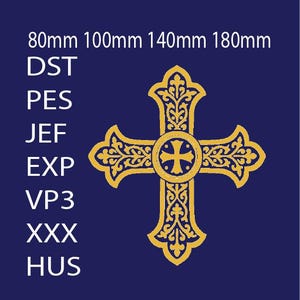 May include: A gold-colored cross with ornate detailing, centered on a dark blue background. The image includes text indicating sizes: 80mm, 100mm, 140mm, and 180mm. Additional text includes abbreviations.