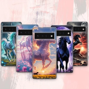 May include: A collection of phone cases featuring fantasy horse designs. Each case showcases a different horse illustration, with varying color palettes and backgrounds, including celestial and landscape themes. The cases are designed for a specific phone model.