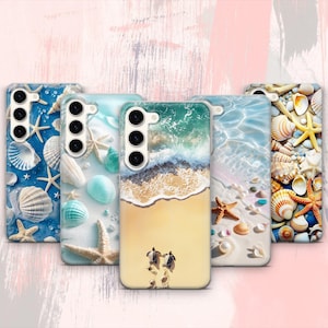 May include: Five phone cases with beach-themed designs. Each case features a different ocean scene, including seashells, starfish, and sandy beaches. The cases have a variety of colours, including blue, white, and tan. The cases are designed for a smartphone.
