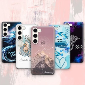 May include: Five different phone cases featuring an Aquarius zodiac sign design. The cases are all clear and showcase a variety of designs, including a mountain range, a watercolour design, and a galaxy design. Each case displays the word "Aquarius" on it.