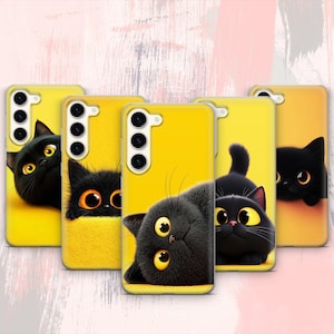 May include: Yellow phone cases with cartoon black cats. Each case features a different cat design, with big yellow eyes and fluffy black fur. The cases have camera cutouts and button placements.
