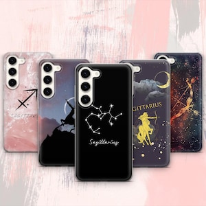 May include: Five phone cases with zodiac designs. The cases showcase celestial graphics, including constellations, Sagittarius symbols, and artistic illustrations. The colour scheme includes black, white, pink, and shades of blue.