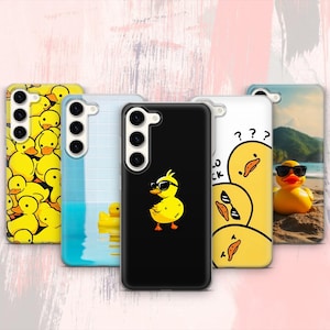 May include: A selection of phone cases with duck-themed designs. The cases display different backgrounds, including a swimming pool, beach, and a pattern of ducks. One case features a duck wearing sunglasses and another has the text "Duck".