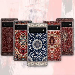 May include: Five phone cases with intricate oriental rug designs. The cases feature a variety of colors, including red, blue, and brown, with detailed patterns and borders. The cases are designed to fit a specific phone model.