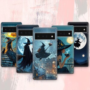 May include: A collection of phone cases featuring witch-themed illustrations. Each case showcases a different witch scene, including a witch on a broomstick, a witch with a cat, and a witch drinking tea. The cases have a dark blue frame and a clear back.