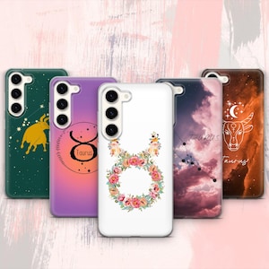 May include: Five smartphone cases featuring Taurus zodiac designs. One is dark green with a gold bull, one purple with a circular Taurus symbol, one white with a floral Taurus emblem, one with a cloudy sky and constellation, and one brown with a bull head.
