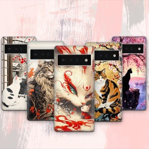 Pode incluir: Uma coleção de capas de telemóvel com vários designs com tema de gato. As capas apresentam ilustrações detalhadas de gatos em diferentes cenários, incluindo arte de inspiração japonesa com flores de cerejeira e paisagens de neve. A paleta de cores inclui branco, laranja, preto e vermelho.