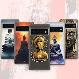 Puede incluir: Conjunto de seis fundas para teléfono con diferentes imágenes de Buda. Las fundas son negras, grises, blancas y marrones con varios diseños.