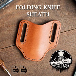 May include: A brown leather folding knife sheath with two belt loops. The sheath is stitched with a dark brown thread. The image includes the text "FOLDING KNIFE SHEATH" and "Leather Tattooer".
