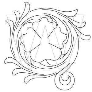 Puede incluir: Un dibujo en blanco y negro de un trébol de cuatro hojas estilizado rodeado de diseños florales en espiral.