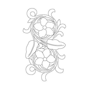 May include: A monochrome floral design with two detailed flowers, each with multiple petals, set within a pattern of leaves and decorative swirls. The symmetrical design is suitable for craft projects.