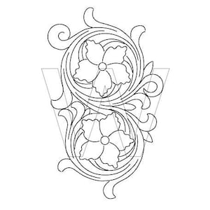 Peut inclure: Motif floral en noir et blanc avec deux fleurs et des feuilles en volutes. Le design est symétrique et présente une lettre "W" stylisée en arrière-plan. L'image est un dessin au trait.