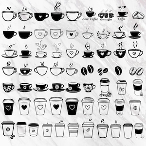 Könnte beinhalten: Eine Sammlung von Schwarzweiß-Illustrationen von Kaffeetassen mit verschiedenen Designs, darunter Herzen, Dampf und Kaffeebohnen. Der Text "Love Coffee love Coffee" und "Coffee" ist ebenfalls enthalten.