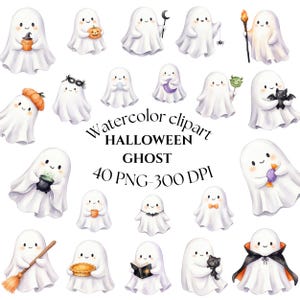 Può includere: Una collezione di illustrazioni ad acquerello raffiguranti fantasmi bianchi con vari accessori a tema Halloween, tra cui zucche, una scopa, un gatto nero, un calderone, caramelle e un mantello. Il testo recita: watercolor clipart HALLOWEEN GHOST 40 PNG-300 DPI.