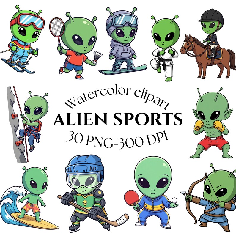 Alien Sports Clipart Bundle, Cute Kawaii Alien PNG, Cartoon Space ...