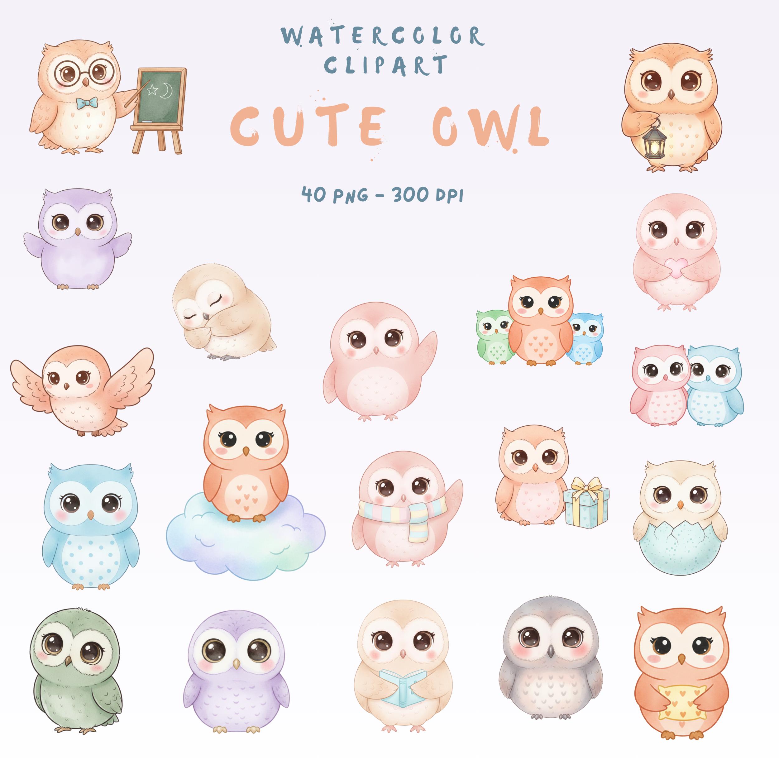 Watercolor Cute Owl Clipart Bundle &ndash; 40 PNG 300 DPI, Baby Owl Illustration, Nursery Decor, Sub