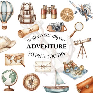 Äventyr Akvarell Clipart Bundle, Resor Clipart PNG, Vintage Explorer Grafik, Camping Nautisk Karta Kompass Luftballong Clipart