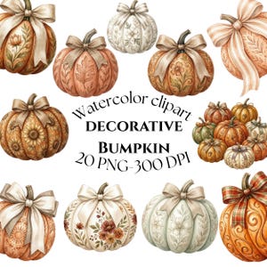 May include: A collection of watercolor pumpkin illustrations featuring various patterns, floral motifs, and decorative bows. The text reads: Watercolor clipart DECORATIVE BUMPKIN 20 PNG-300 DPI. These orange, white, and green pumpkins are arranged.