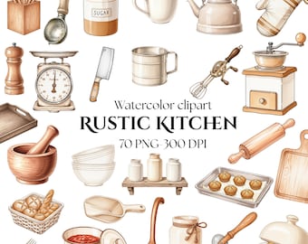 May include: Watercolor clipart featuring rustic kitchen items. Includes a sugar jar, tea kettle, oven mitt, scale, cleaver, whisk, coffee grinder, rolling pin, cutting board, and more. The text reads "RUSTIC KITCHEN".