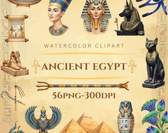 Ancient Egypt Watercolor Clipart Bundle, Egyptian PNG, Pharaoh, Anubis, Bastet, Pyramid, Hieroglyphics, Egypt Clip Art, Scrapbook