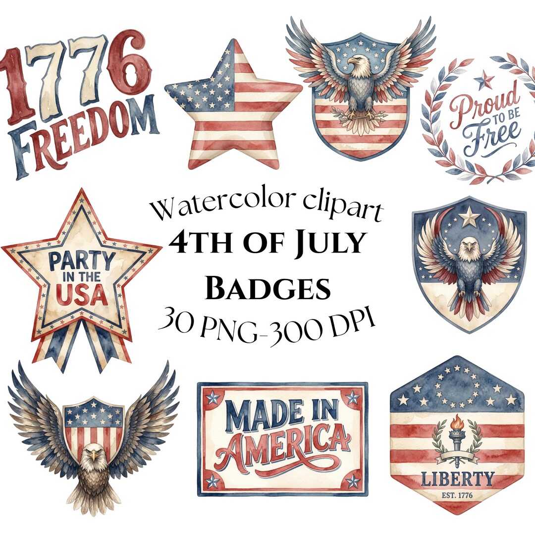 4th of July Watercolor Clipart Bundle, Patriotic USA PNG Set ...
