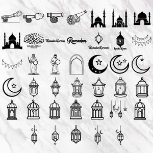 May include: Black and white illustrations of Ramadan symbols, including mosques, lanterns, crescent moons, and stars. The text "Ramadan Kareem" is also included.