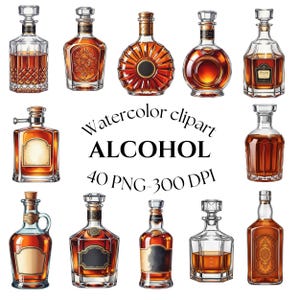Puede incluir: Clipart de acuarela de varias botellas de alcohol. La imagen presenta una colección de doce botellas con diferentes formas y diseños, llenas de líquido de color ámbar. El texto "ALCOHOL" se muestra en el centro de la imagen.