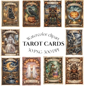 May include: A collection of watercolor tarot cards featuring various mystical and Halloween-themed illustrations. The cards include images of a black cat, raven, king of crows, pumpkin, queen of ghosts, tower, moon, lovers, magician, and emperor. Text on the cards includes "Watercolor clipart TAROT CARDS 30 PNG-300 DPI."