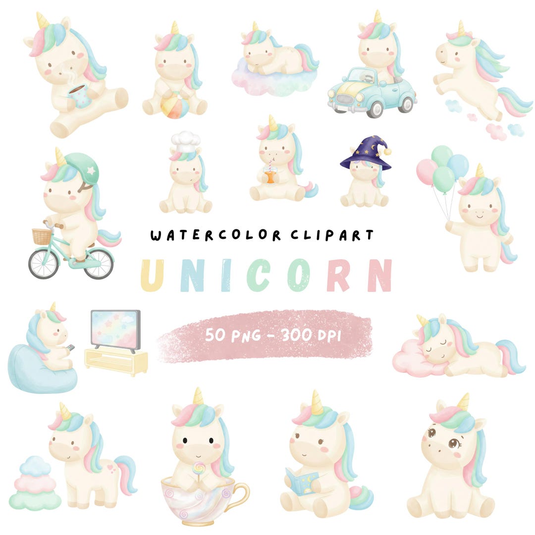 Watercolor Unicorn Clipart Bundle – 50 Pastel Baby Unicorn PNG, Cute ...