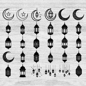 Puede incluir: Ilustración en blanco y negro de lunas crecientes y faroles. Los faroles, de diversos diseños, están suspendidos y presentan patrones detallados. Algunas lunas tienen estrellas.