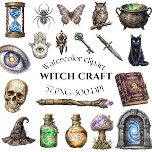 Puede incluir: Clipart de acuarela con elementos de brujería. Incluye un reloj de arena, una araña, una mariposa, un búho, un caldero, un ojo, una mano con un ojo, una calavera, un sombrero de bruja, botellas de poción, una seta, una llave, una daga, un gato negro, un grimorio y un portal.