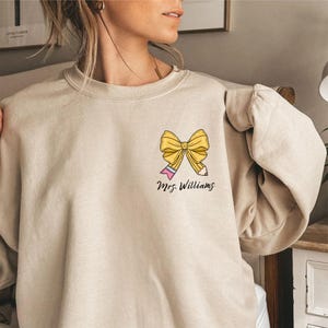 Custom Teacher Coquette Bow Sweatshirt, Custom Teacher Name Shirt, Teacher Appreciation Gift, Cute Teacher Christmas Shirt, Back To School