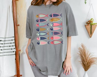 Sardines grafisch shirt jaren 90, shirt rivier wildlife, uniseks grafisch T-shirt, vintage regenboogforel-shirt, visserijshirt, retro visshirt, natuurtop