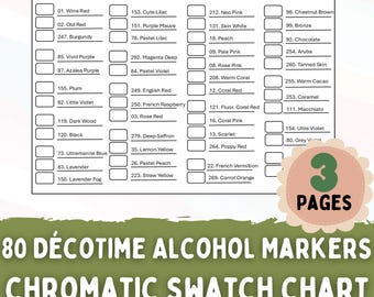May include: A printable chromatic chart for 80 DécoTime alcohol markers. The chart features colour swatches with names like Wine Red, Black, and Lavender. The design includes the text "80 DécoTime Alcohol Markers Chromatic Swatch Chart" and "3 Pages."