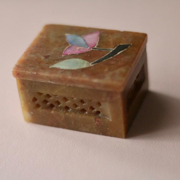 vintage / hand carved soapstone rectangle trinket box + mother of pearl floral inlay