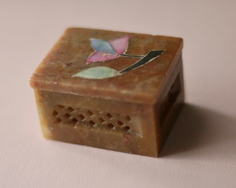 vintage / hand carved soapstone rectangle trinket box + mother of pearl floral inlay