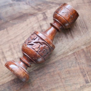 vintage / hand carved wood candleholder with brass insert / india
