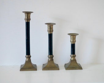 vintage / wood + brass candlesticks