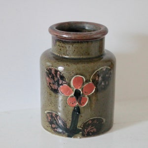 vintage / speckled green brown rustic floral motif vase