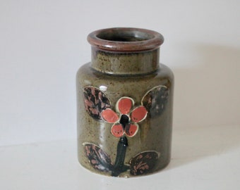 vintage / speckled green brown rustic floral motif vase