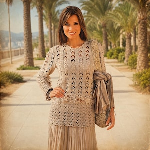 May include: A beige crochet top and skirt set with long sleeves and a detailed openwork design. The skirt is a flowing, pleated style. A matching bag and scarf are also visible. The outfit is worn outdoors on a sunny day.