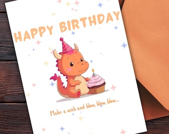 Magical Dragon Birthday Card–Cute Baby Dragon with Cupcake–Printable Birthday Card–5x7 Digital Download–Whimsical Birthday Card for Kids